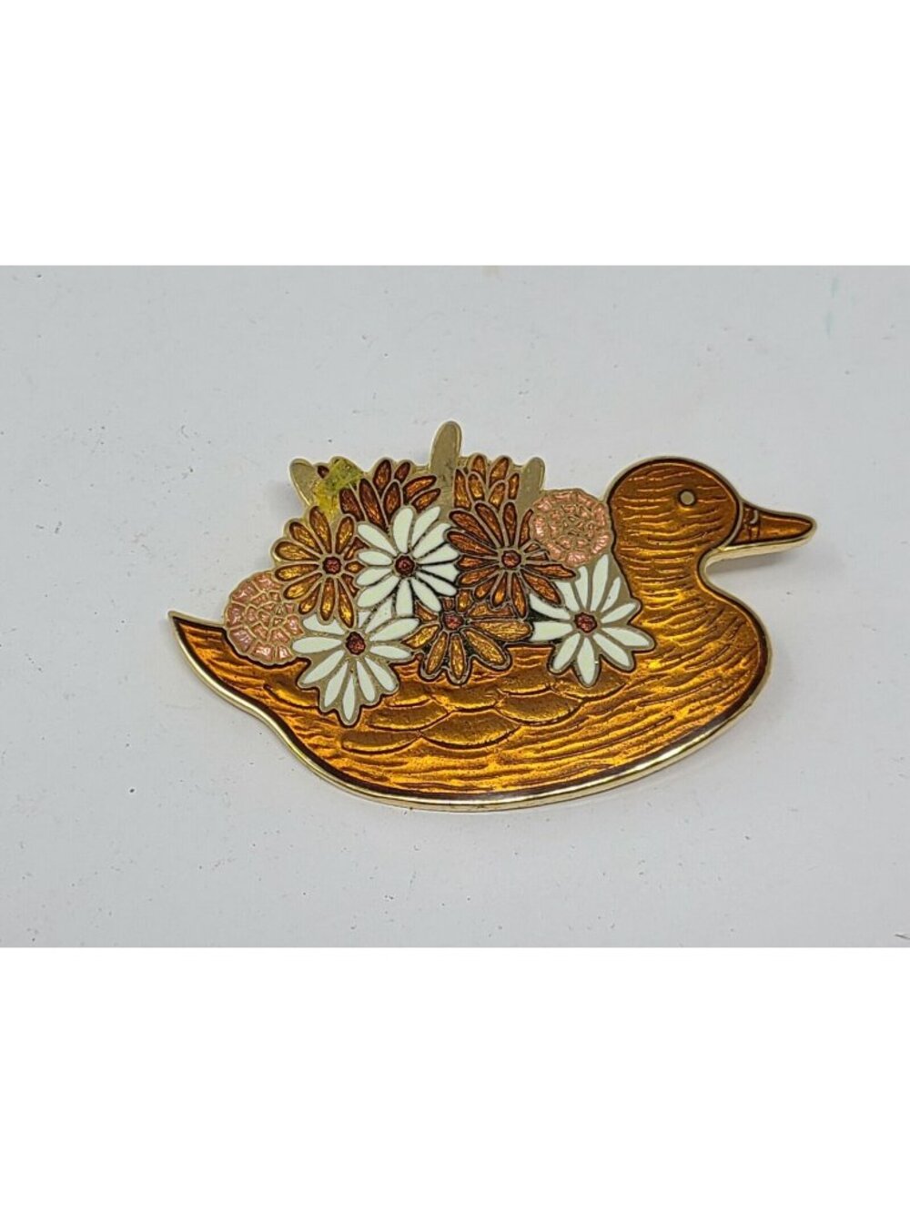 Vintage Duck-Shaped Gold-Tone Enamel Brooch Pin With Floral Design Flowers